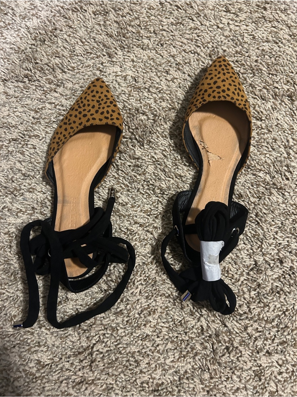 Miss Lola Leopard Print Pointed Lace-Up Flats in Tan & Black